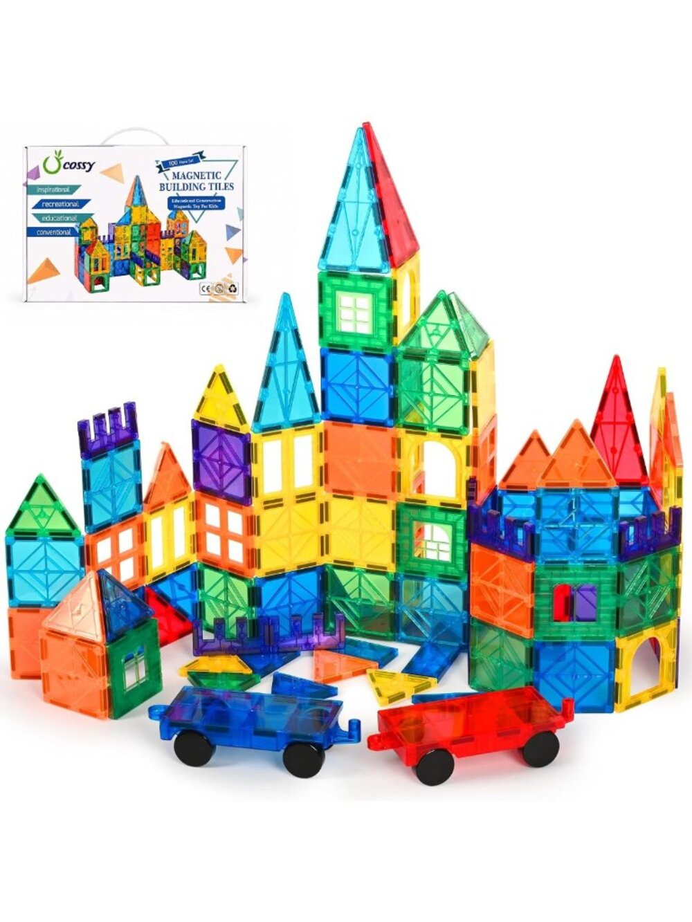 100 Pcs Magnetic Building Tiles Set - 3D Construction Blocks with 2 Cars